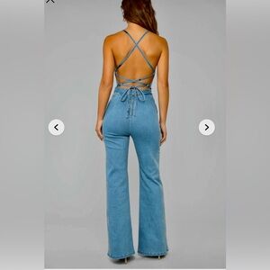 Light wash summer denim tie back romper